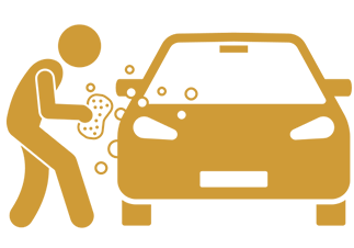 vehicle A person is washing a car with a sponge, surrounded by bubbles. The design features a simple, iconographic style on a black background.