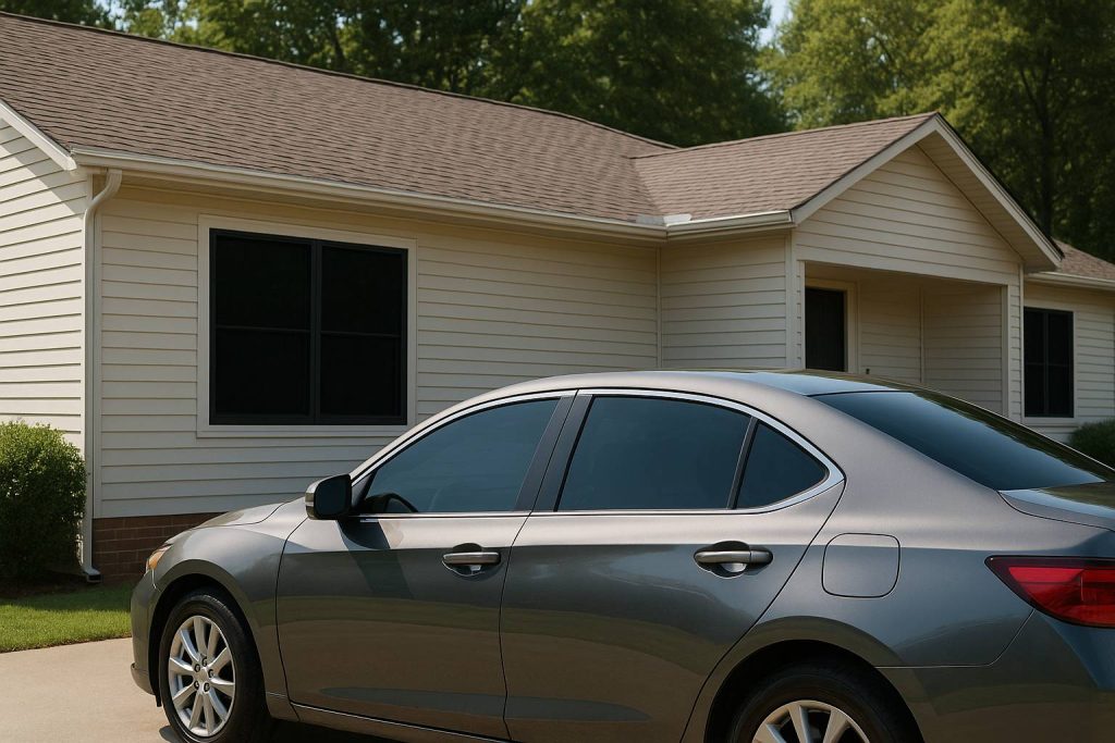 Car and home with tinted windows highlighting the privacy benefits of window tinting.
